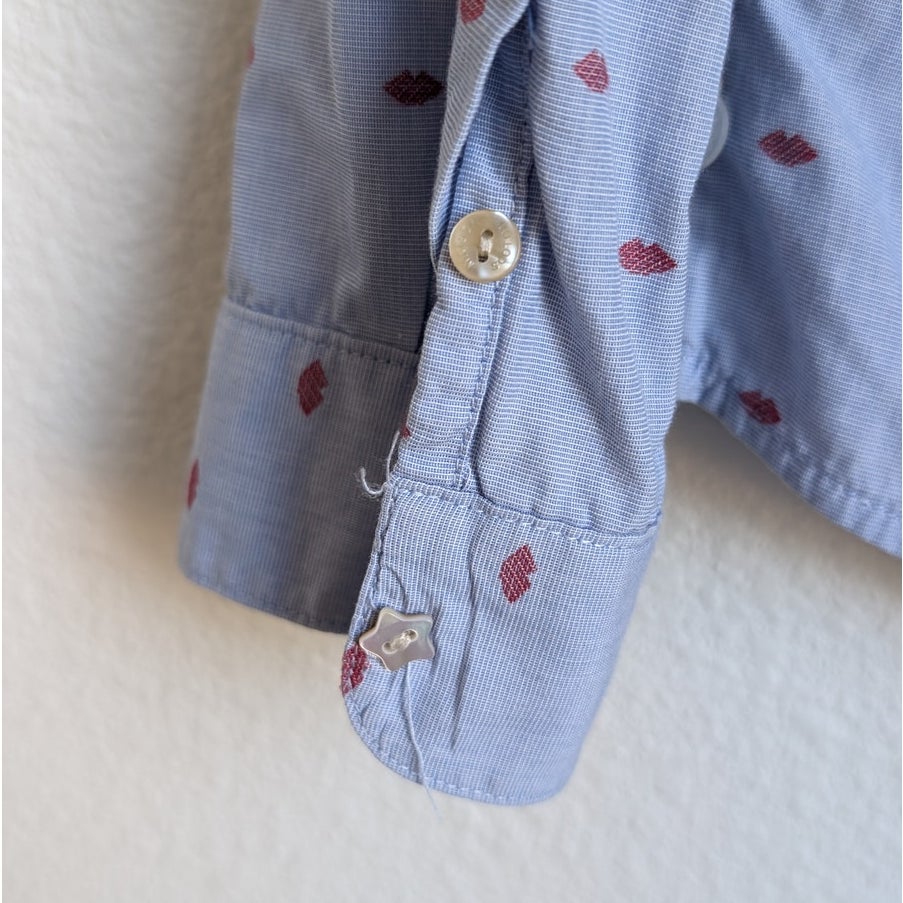 Scotch & Soda Red Lips Print Blue Button-Down Long Sleeve Top Shirt, size 2