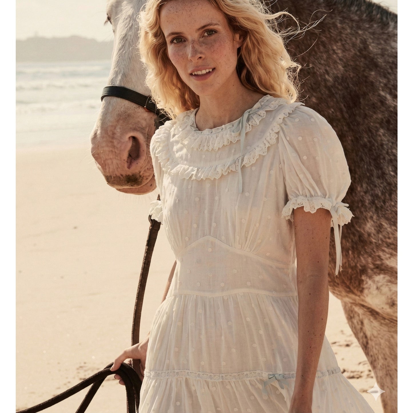 Dôen Doen Fiore Dress Womens L White Cotton Short Sleeve Romantic Ruffle Midi