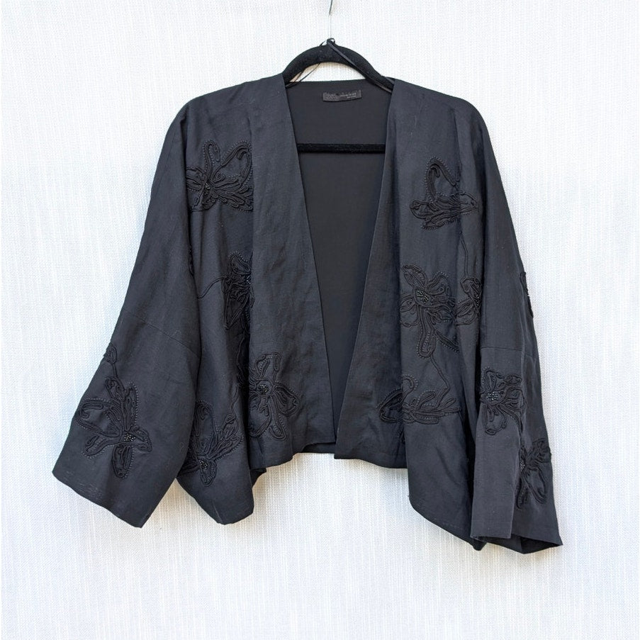Zara Black Floral Embroidery Beaded Open Front Kimono Jacket, size M-L