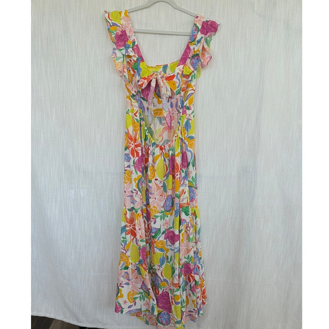 Aqua Floral Maxi Dress Womens 2XL Multi Sleeveless Tiered Tie Cutout Back Midi