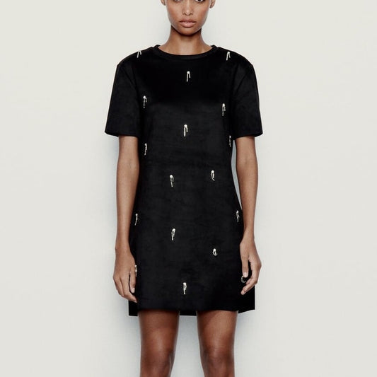 Zara Dress Womens S Black Faux Suede Rhinestones Short Sleeve Mini