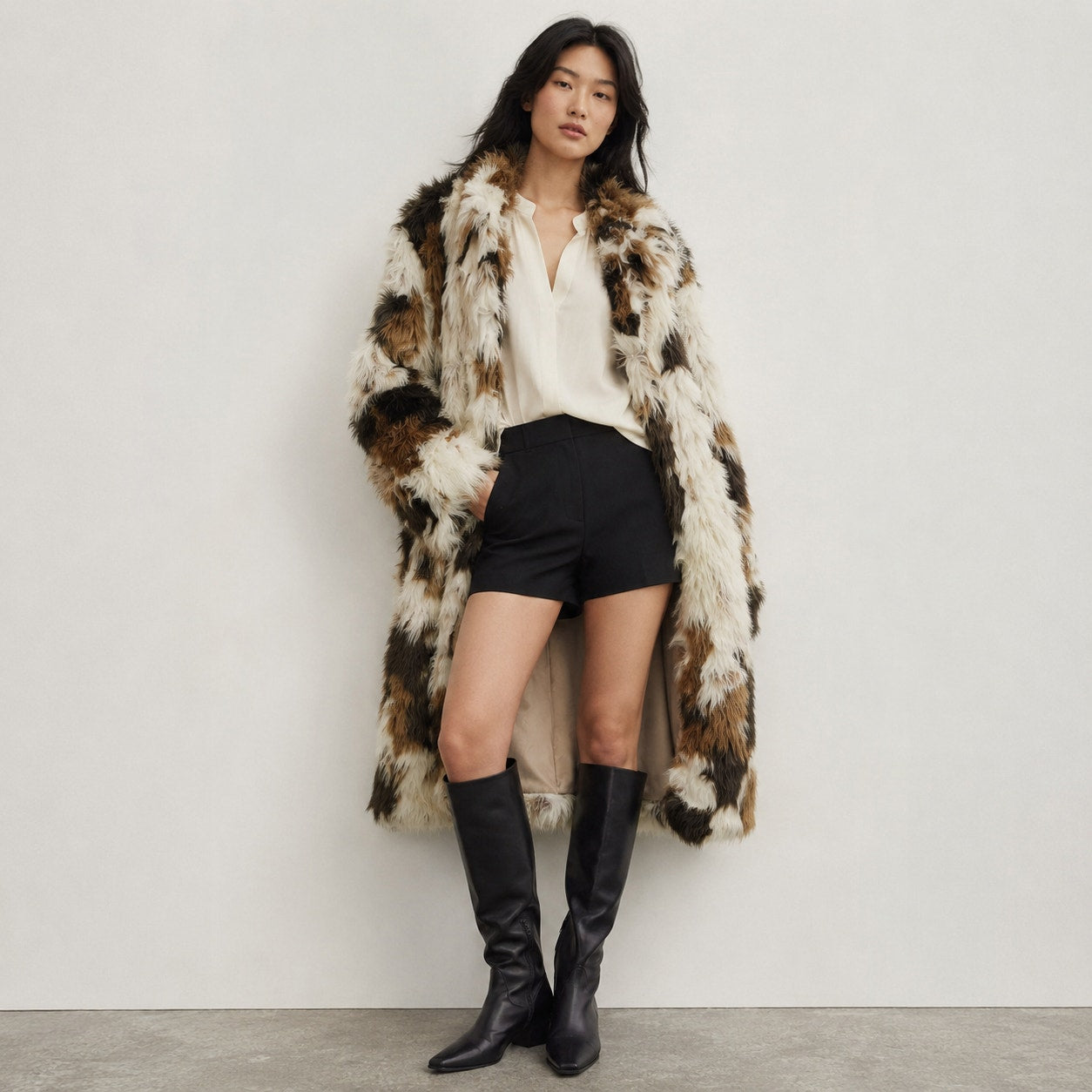 By Anthropologie Long Shaggy Fur Long Coat Womens S Relaxed Long Sleeve