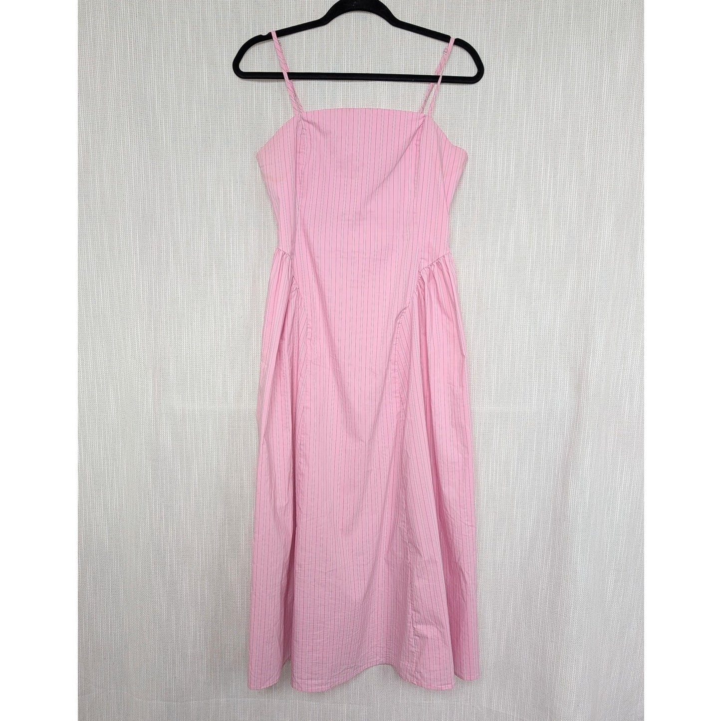 Maeve Sleeveless Fitted A-Line Midi Dress Womens M Pink Striped Pleated Detail