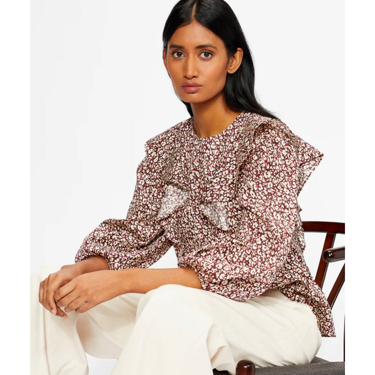 NWT Ted Baker London Sanjaa Floral Ruffle Cotton Long Sleeve Blouse, size 0/US 2