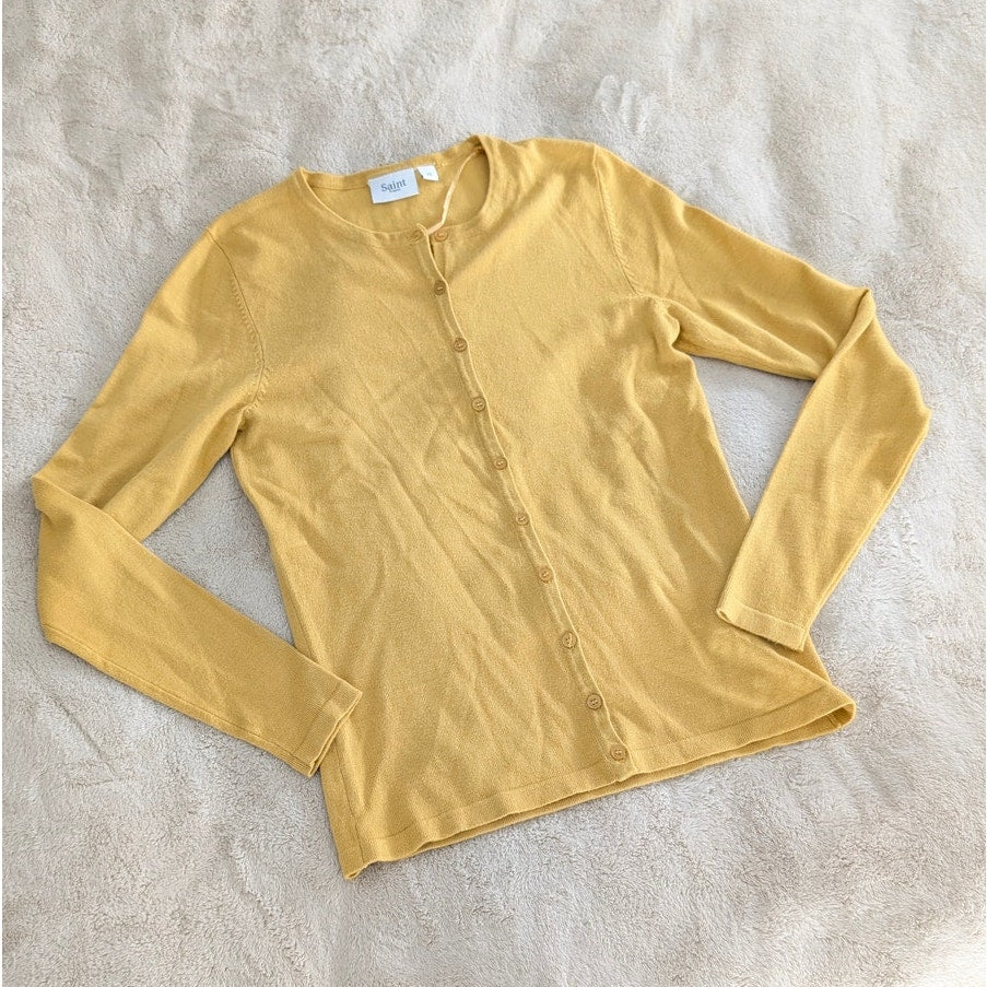 NWOT Saint Tropez Mila Mustard Yellow Round Neck Slim Button Cardigan, size XS
