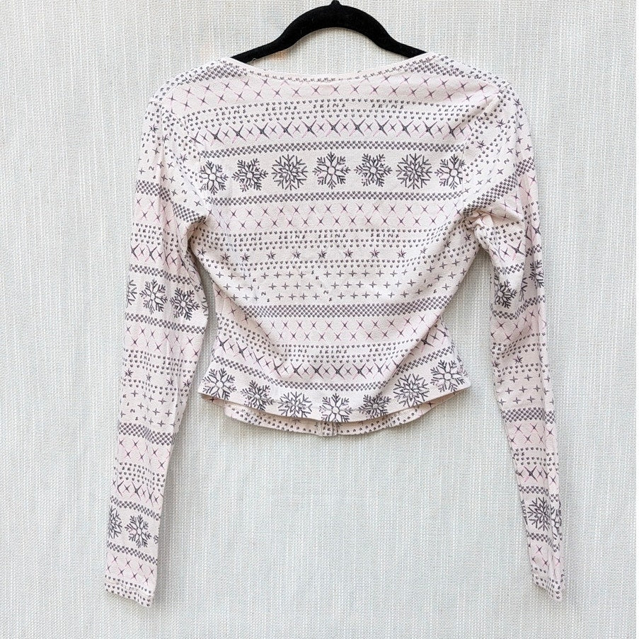 SKIMS Logo Plush Pointelle Henley Pullover Womens L Cream Fair Isle Long Sleeve