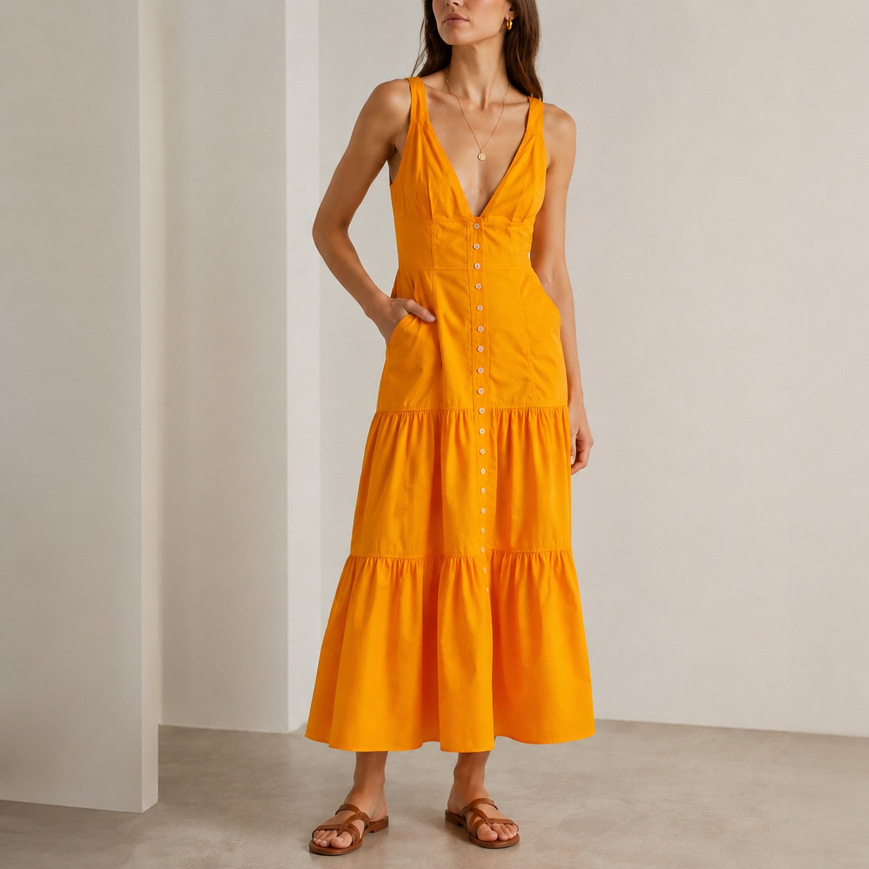A.L.C. Jordyn Tiered Midi Dress Womens 6 Yellow Plunge Neckline Sleeveless A-line