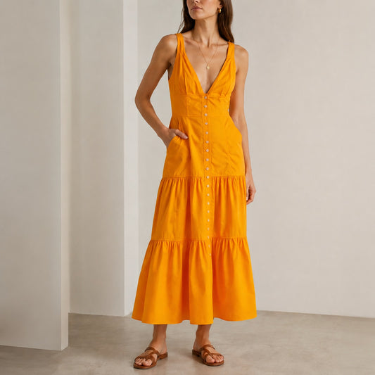 A.L.C. Jordyn Tiered Midi Dress Womens 6 Yellow Plunge Neckline Sleeveless A-line