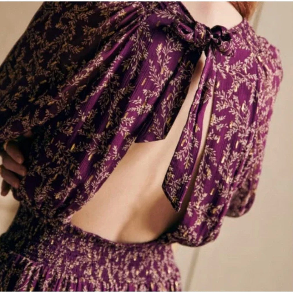 NWT Sézane Purple Robe Priscilla Floral Backless Midi Maxi Dress, size 40/L