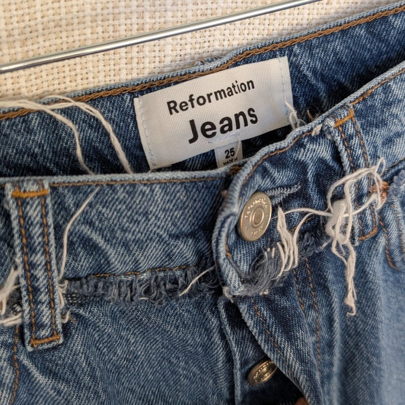 Reformation Natoma Blue Denim Distressed High-rise Straight Leg Jeans, size 25