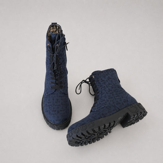 Salvatore Ferragamo Navy Gancini Monogram Denim Biker Combat Boots Womens 9.5