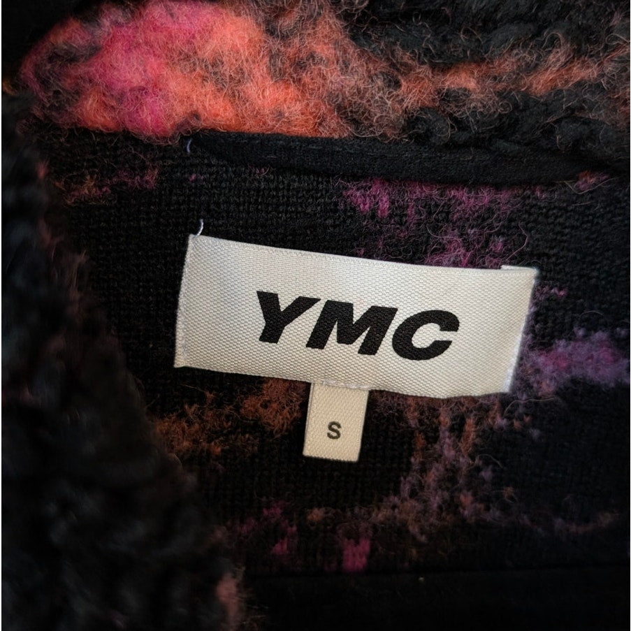 YMC Beach Graffiti Jacquard Fleece Wool Blend Jacket in Black Multi, size S