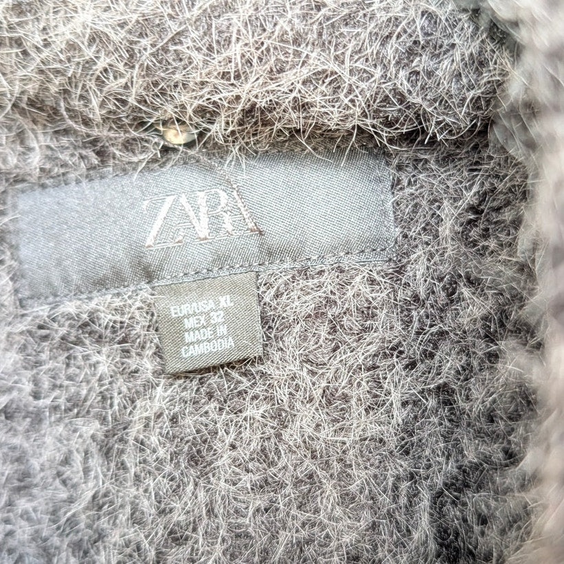 Zara Short Boucle Coat with Scarf 6318/295/922 Womens XL Dark Gray Button Front