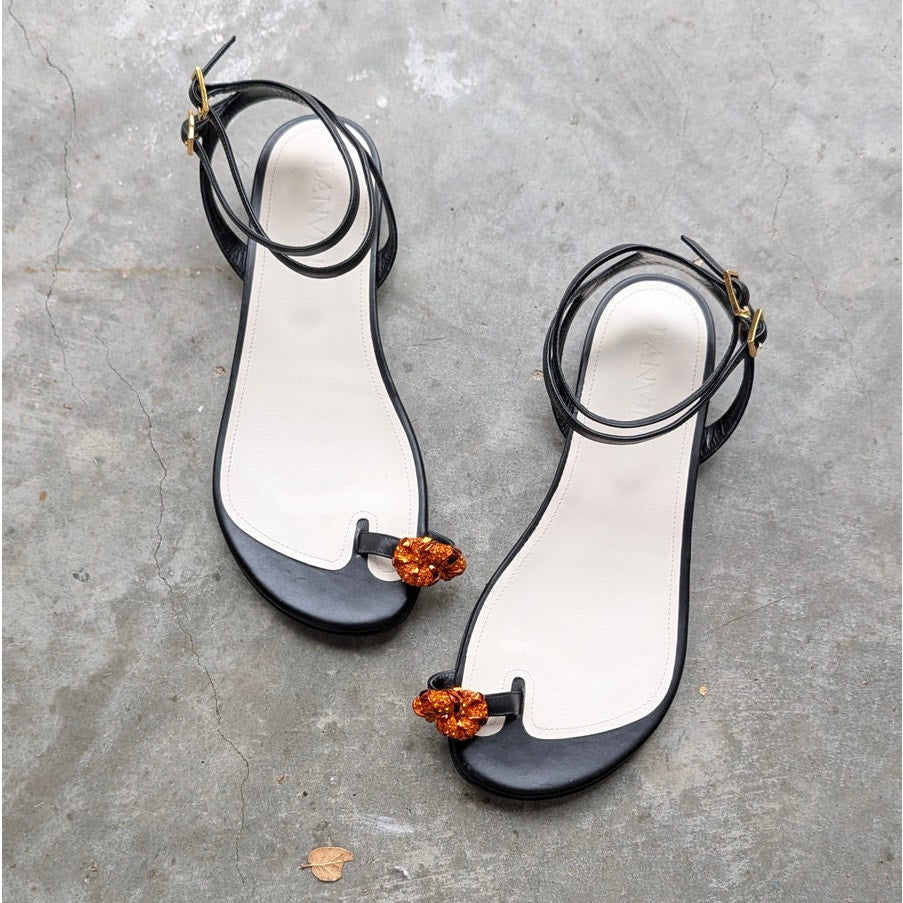 Lanvin Swing Melodie Leather Crystal-Embellished Flat Sandals Womens EU 38/US 7