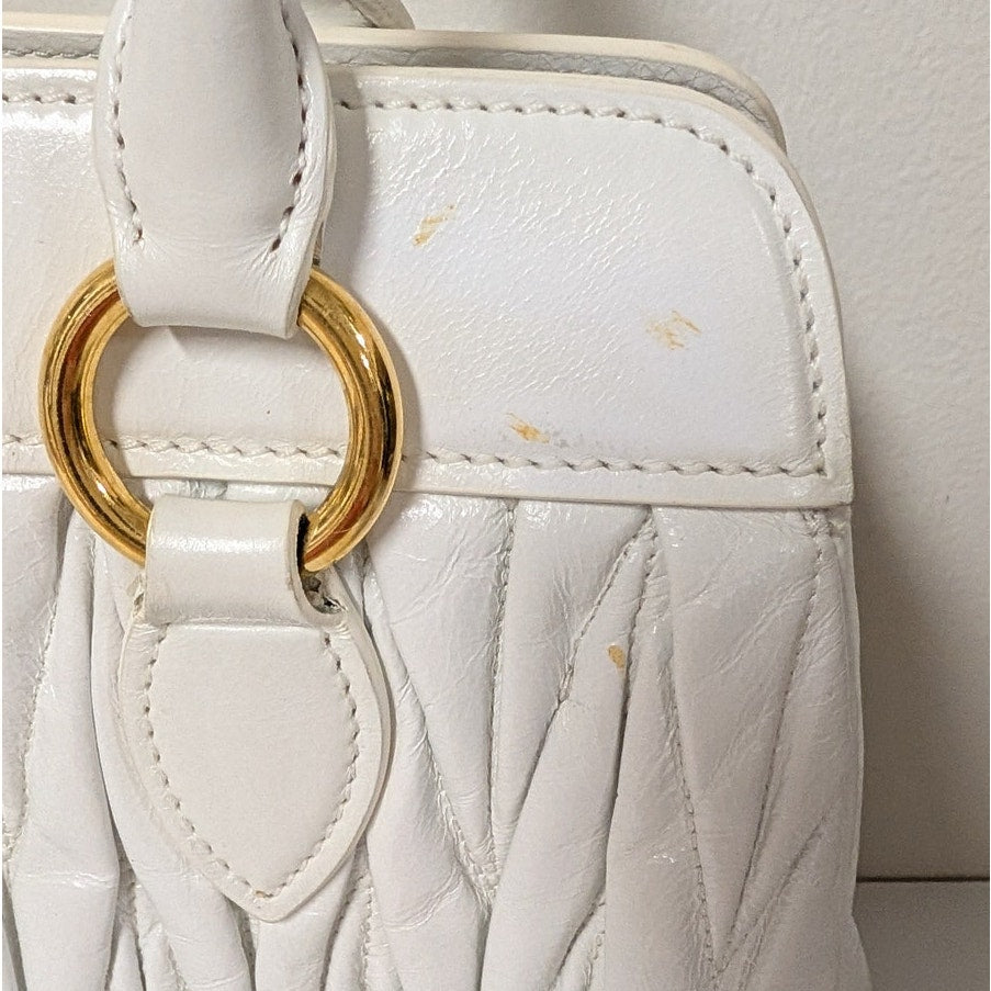 Miu Miu Matelassé Leather Handbag in White Quilted Logo Crossbody Strap