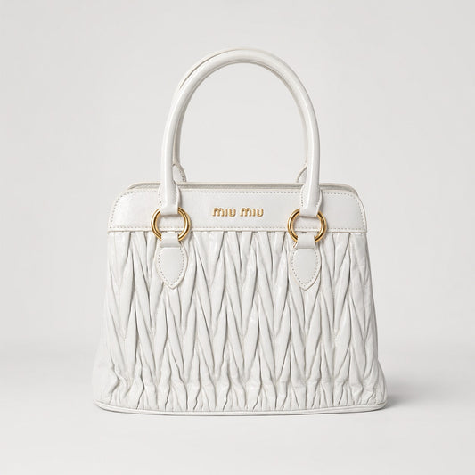 Miu Miu Matelassé Leather Handbag in White Quilted Logo Crossbody Strap