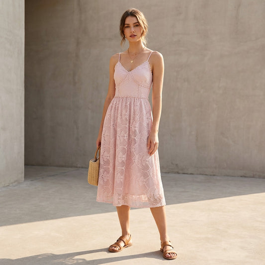 NWT NSR Blush Pink Midi Fit&Flare Lace Crochet Dress, size M