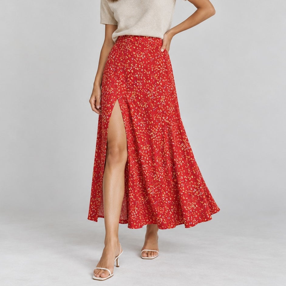 Reformation Zoe Red Floral A-line Midi Skirt Side Slit Size 0