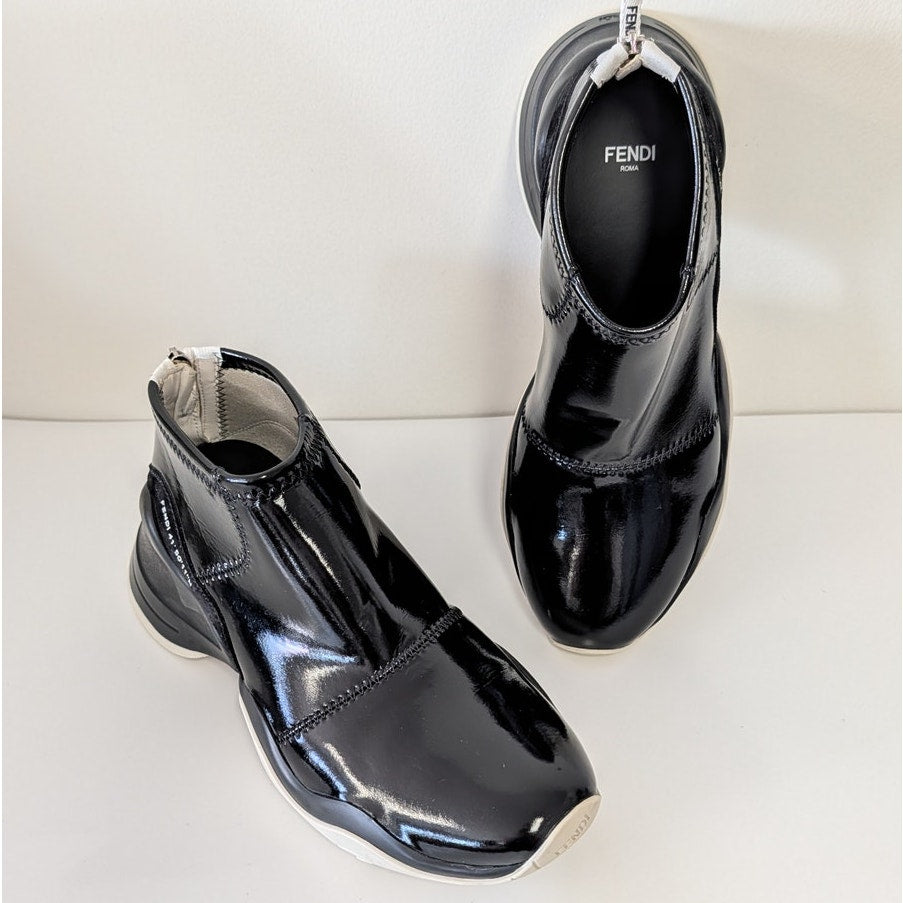 Fendi Vernice Tecn Crosta Logo Sneakers Womens EU40/US 10 Black Patent Leather