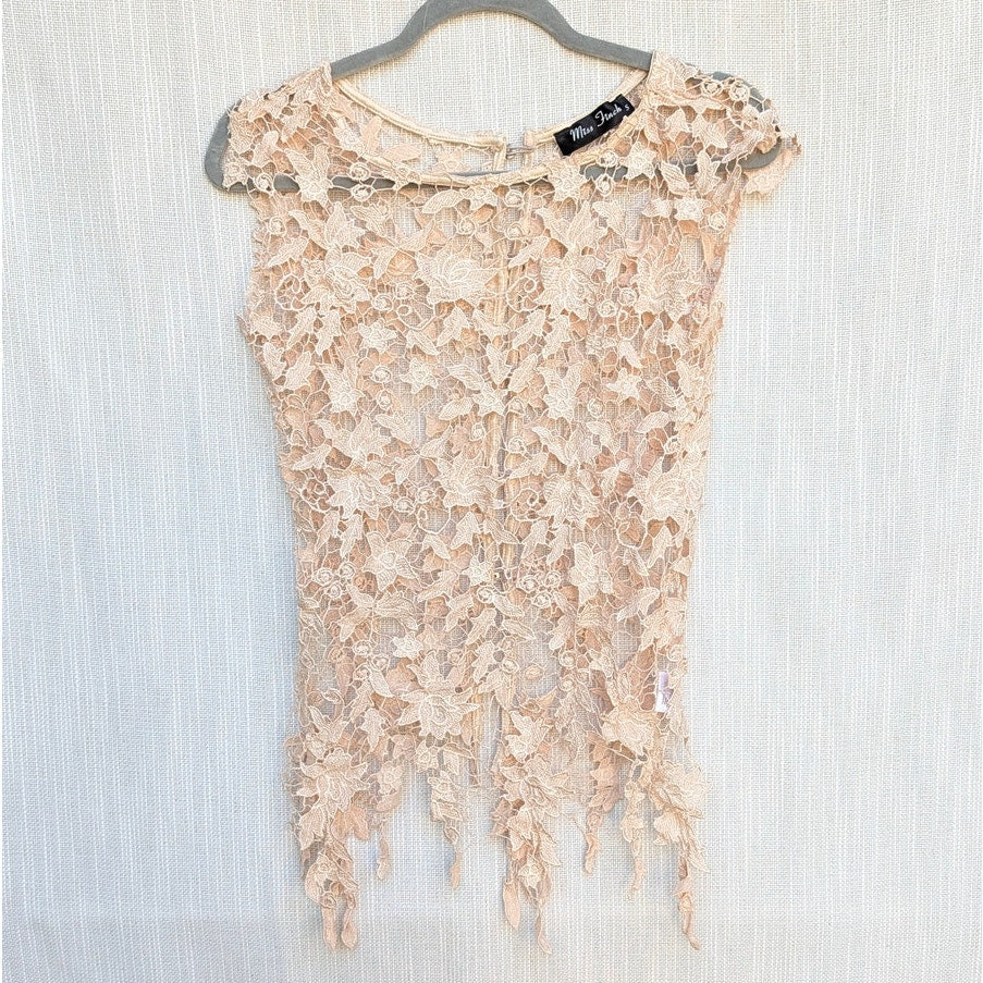 Miss Finch Lace Top Womens S Beige Sheer Floral Lace Crochet Overlay Cap Sleeve