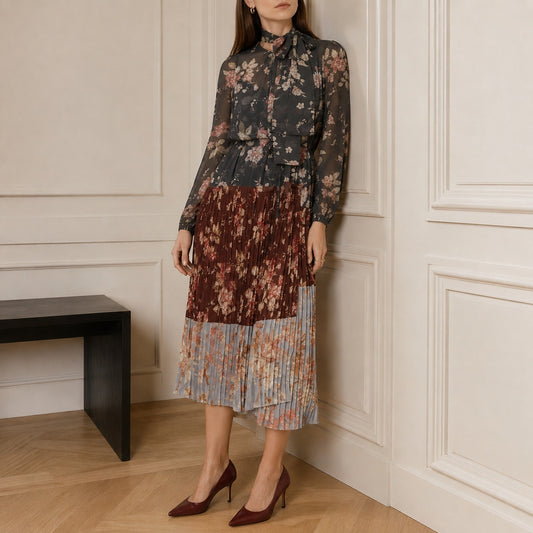 Zimmermann Unbridled Pleated Midi Dress Womens 2/US 8 Multi Floral Long Sleeve