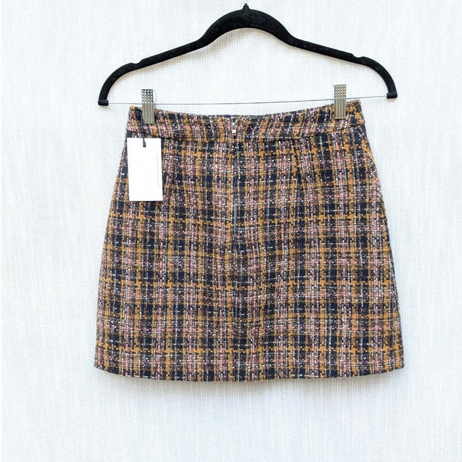 Greylin Skirt Womens XS Mini Black/Orange Tweed Plaid Straight NWT