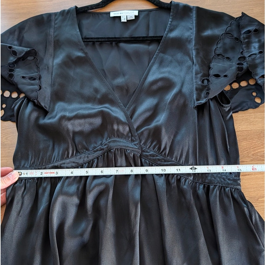 See by Chloe Silk Cutwork Detail Dress Womens 6 Black V-neck Short Sleeve Mini