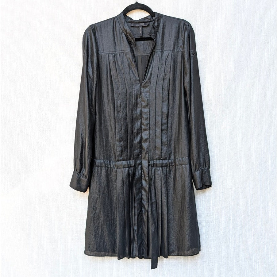 BCBGMAXAZRIA Alyn Black Long Sleeve Pleated Drawstring Mini Dress, size XS