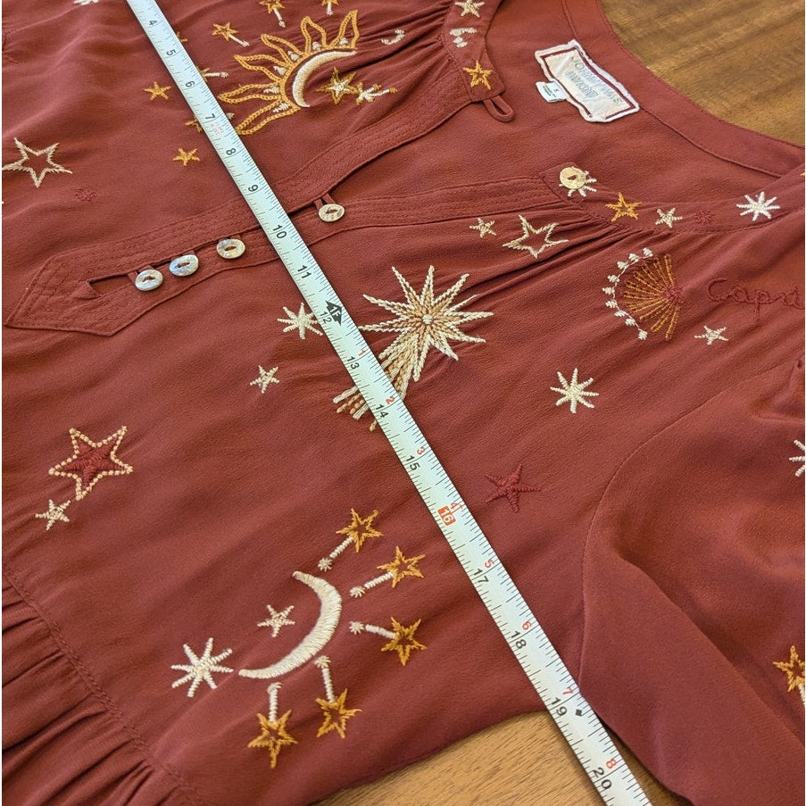 Johnny Was Workshop Maxi Dress S 100% Silk Embroidered Celestial Zodiac Midi