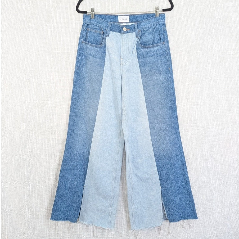 Frame Paneled Two-Tone Split-Hem Patchwork High-rise Wide-Leg Jeans Womens 27