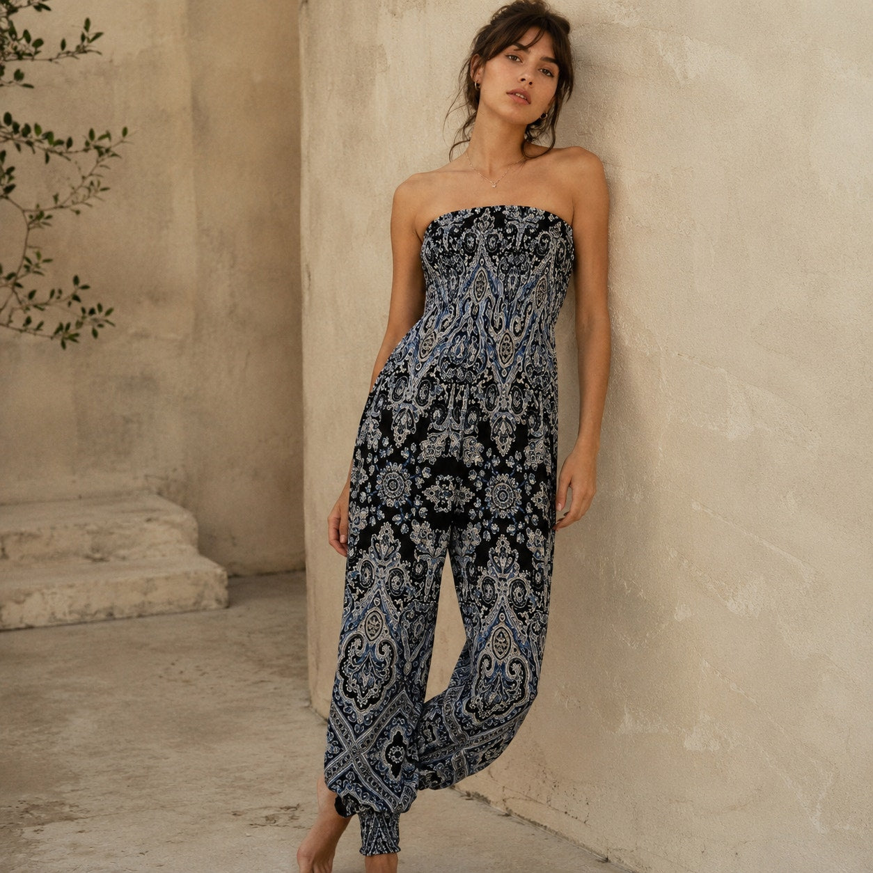 Free People Thinking of You Printed Boho Strapless OP Jumpsuit, size S