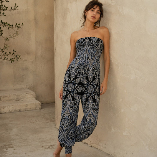 Free People Thinking of You Printed Boho Strapless OP Jumpsuit, size S