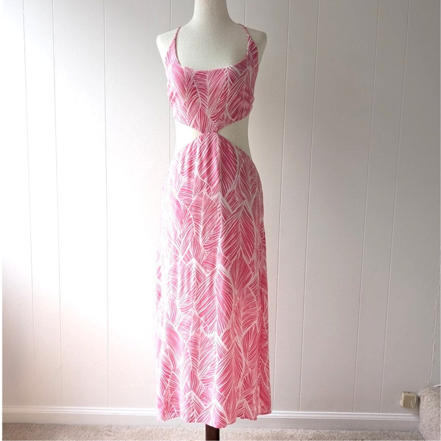Lovers + Friends Makena Fuchsia Leaf Print Midi Sleeveless Dress, size L