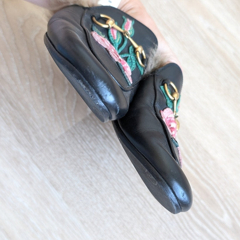 Gucci Black Leather Fur Loafers Embroidered Princetown Flat Slipper Mules