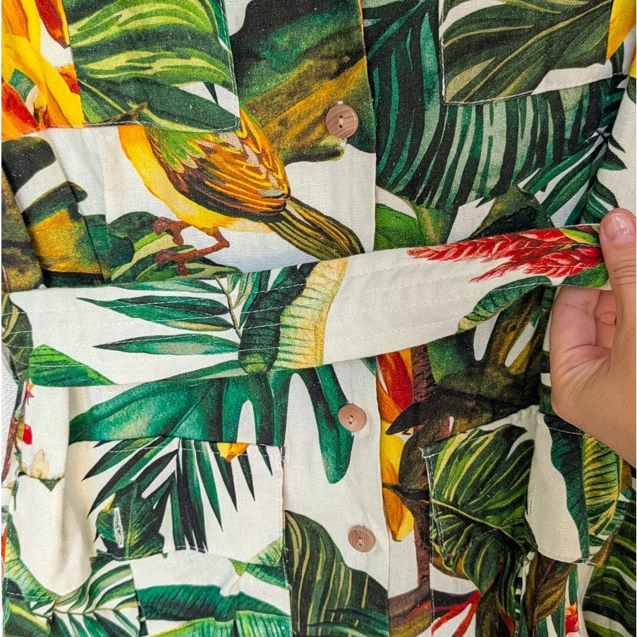House of Harlow 1960 Dress Womens L Linen Blend Tropical Print Mini Shirt Dress