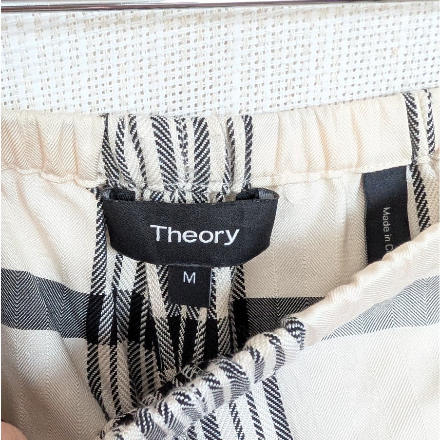 Theory Checked Jacquard Wide-leg Pants Womens M Off-white High-rise Pull On