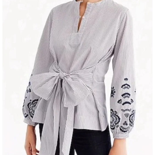 J. Crew Red/Blue Striped Embroidered Sleeves Tie Front/Back Tunic Blouse, size M