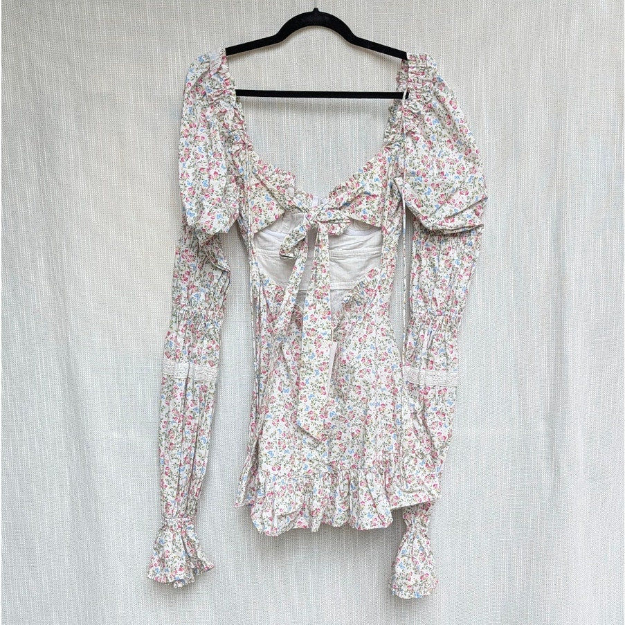 For Love & Lemons Lucca Mini Dress Womens XS Multi Floral Long Sleeve Ruffle NWT