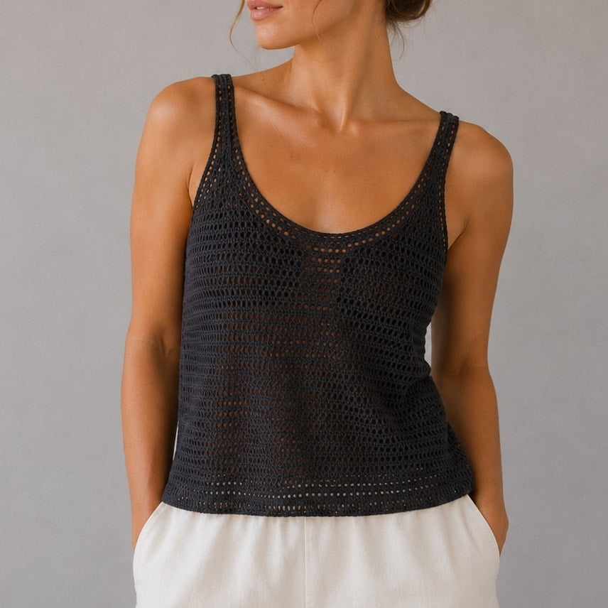 Vince Tank Womens M Black Cotton Knit Crochet Sleeveless Round Neck