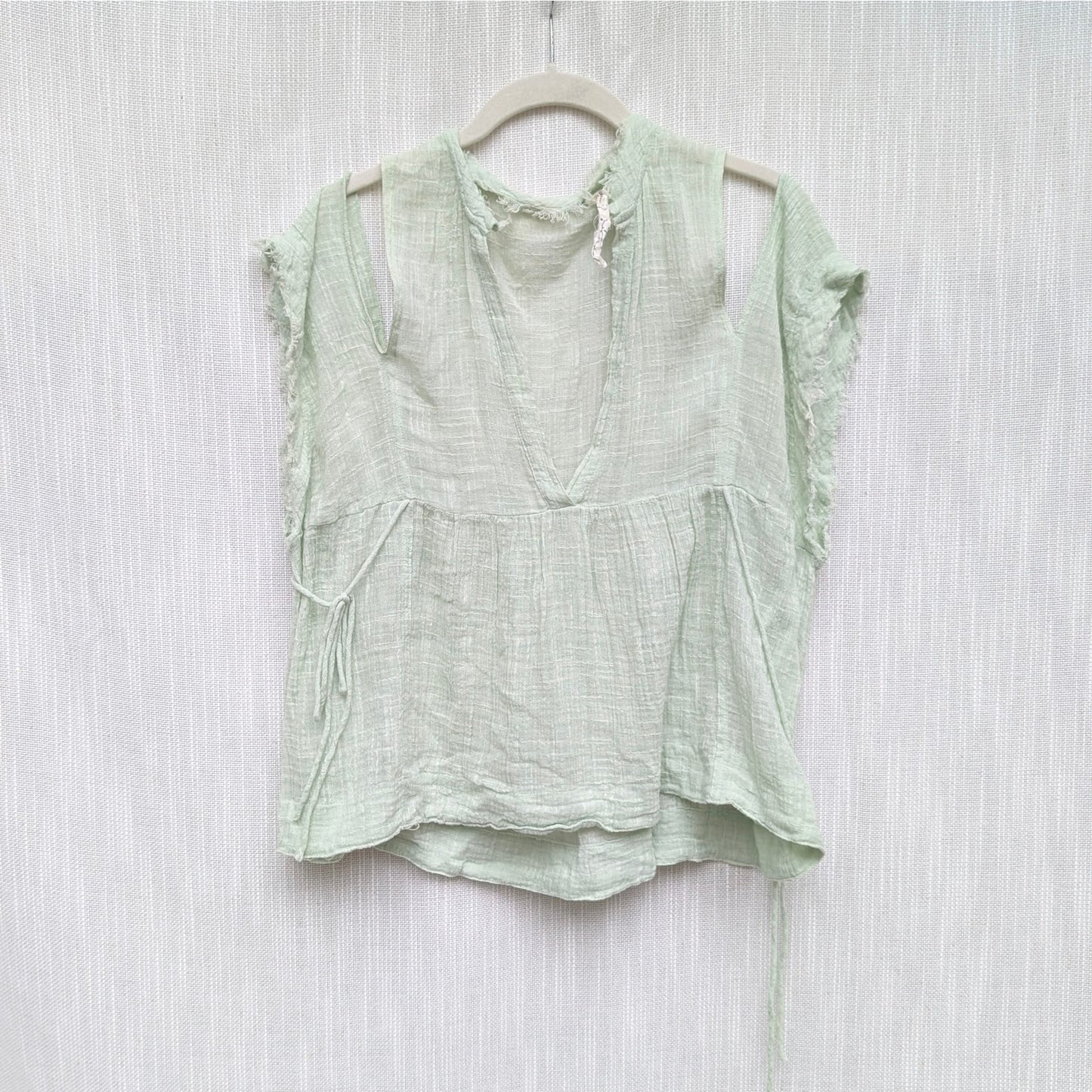 FP One Gauze Indus Top Womens S Mint Sheer V-neck Babydoll High Waist