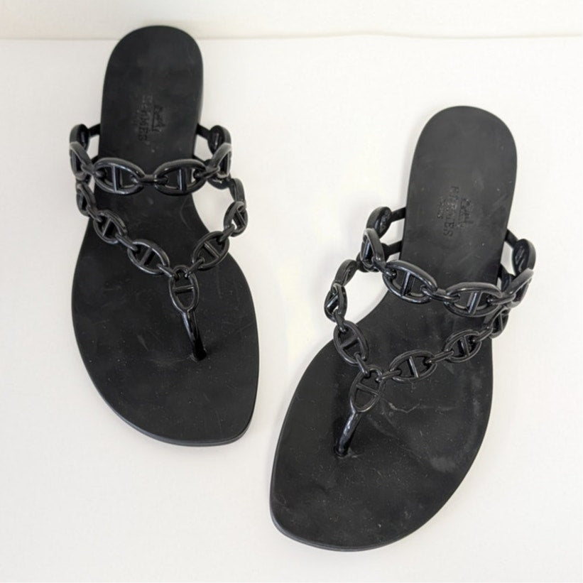 Hermes Island Sandal Womens EU 39/US 8.5 Black TPU Iconic Chain Made in Italy
