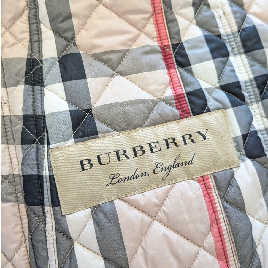 Burberry Quilted Jacket Coat Women's L Green Button Front Long Sleeve Checked