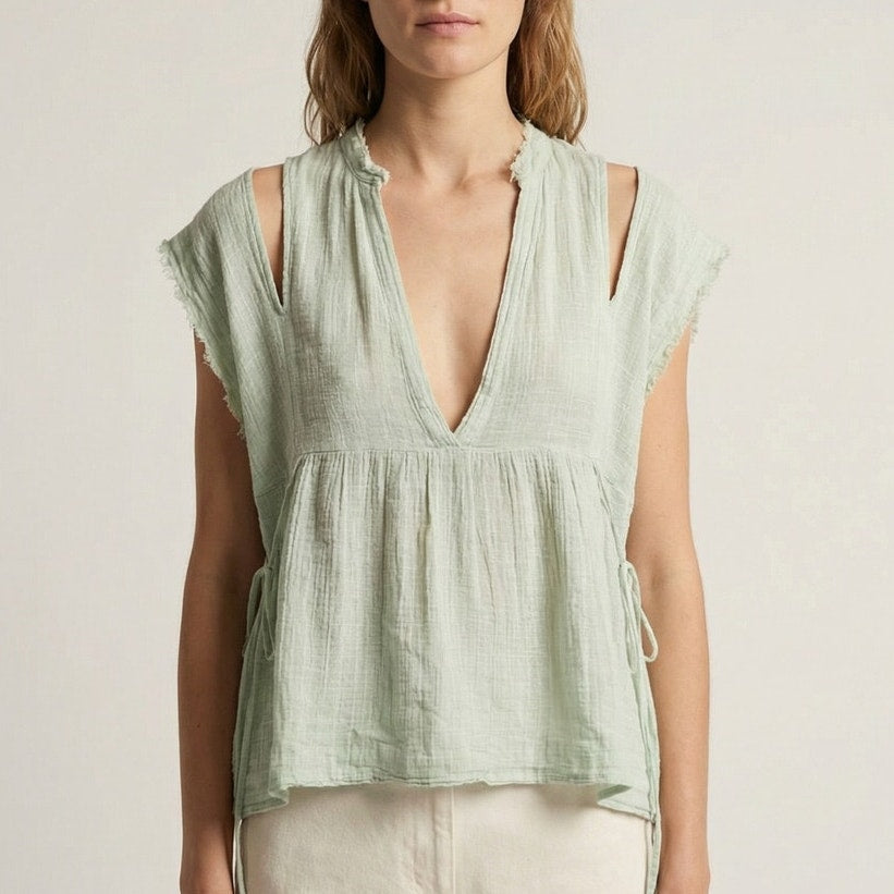 FP One Gauze Indus Top Womens S Mint Sheer V-neck Babydoll High Waist