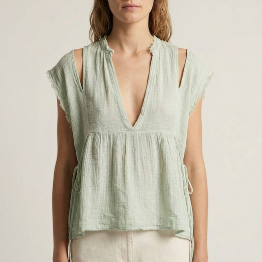 FP One Gauze Indus Top Womens S Mint Sheer V-neck Babydoll High Waist