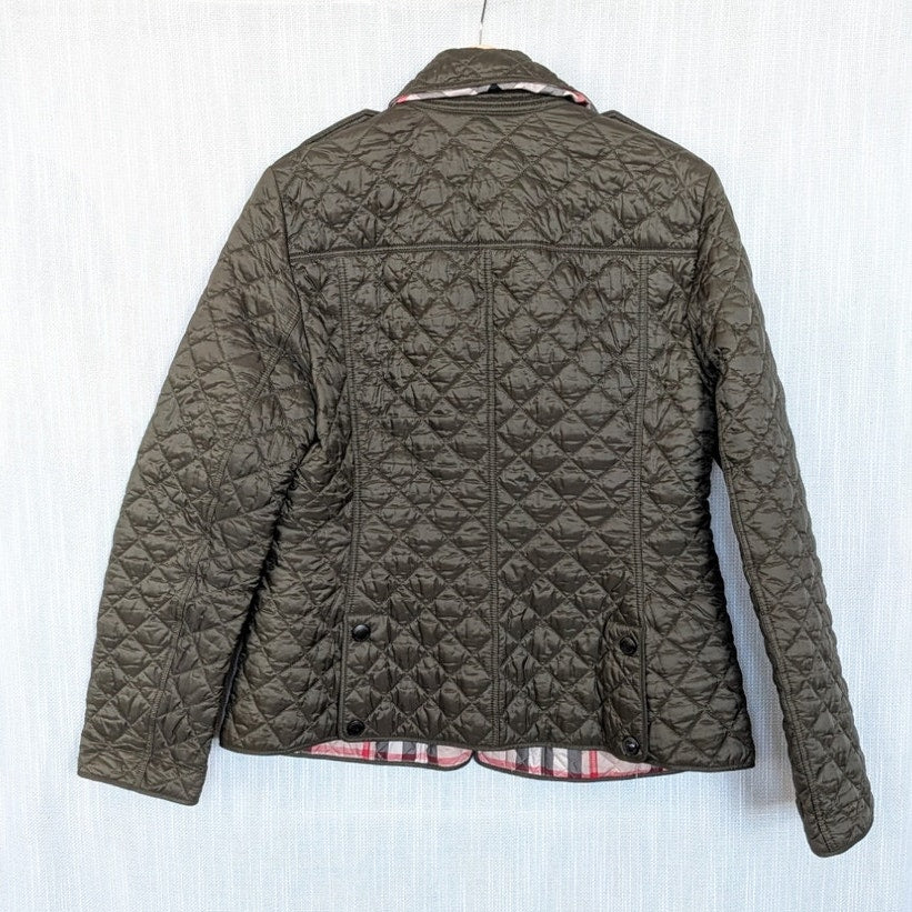 Burberry Quilted Jacket Coat Women's L Green Button Front Long Sleeve Checked