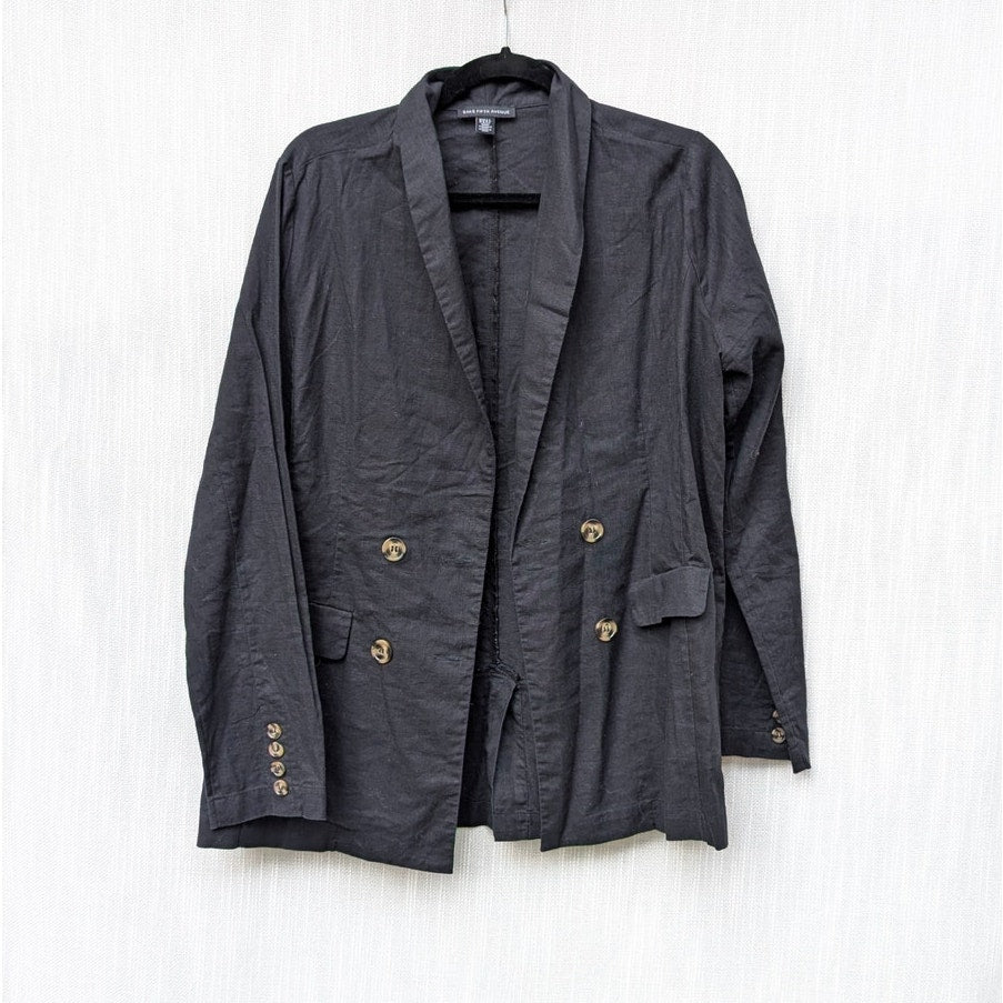 Saks Fifth Avenue Black Double Breasted Oversized Linen Cotton Blazer, size M