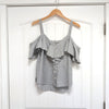 Veronica Beard Grant Cold Shoulder Gray/White V-Neck Button Striped Top, size 8