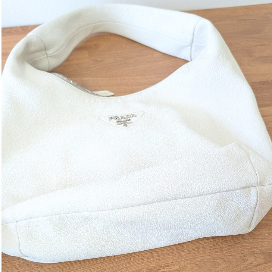 Prada Vitello Daino Leather Hobo Shoulder Bag Womens White Logo Zipper