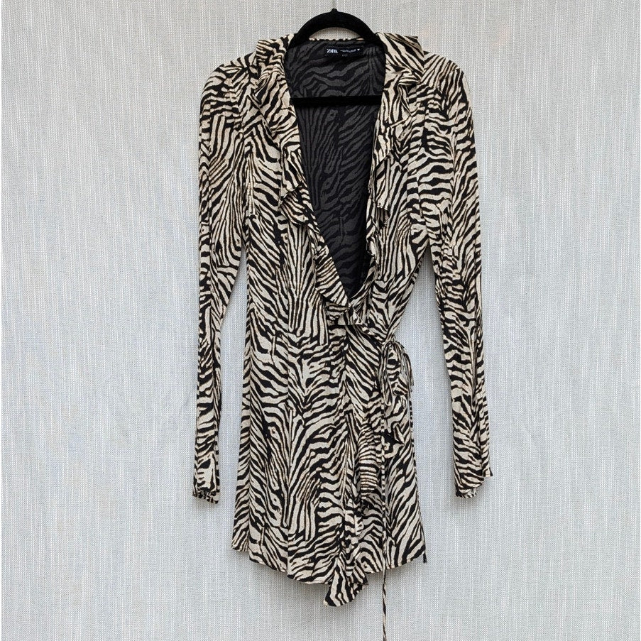 Zara Dress Womens L Cream/Black Animal print Long Sleeve Ruffle Wrap Style Mini