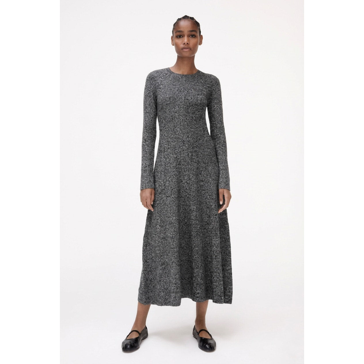 Zara Dress Womens L Gray Melange Knit Round Neck Lomg Sleeve Midi Maxi